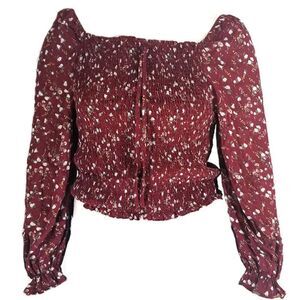 Very Demure, very cutesy Red Floral Smocked Cropped Blouse